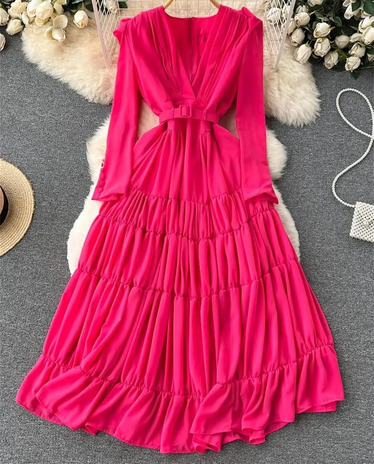 Women Casual Summer Solid Slim Lady Dress A Line V Neck Chiffon Pullover Mid-Calf High Waist Dresses
