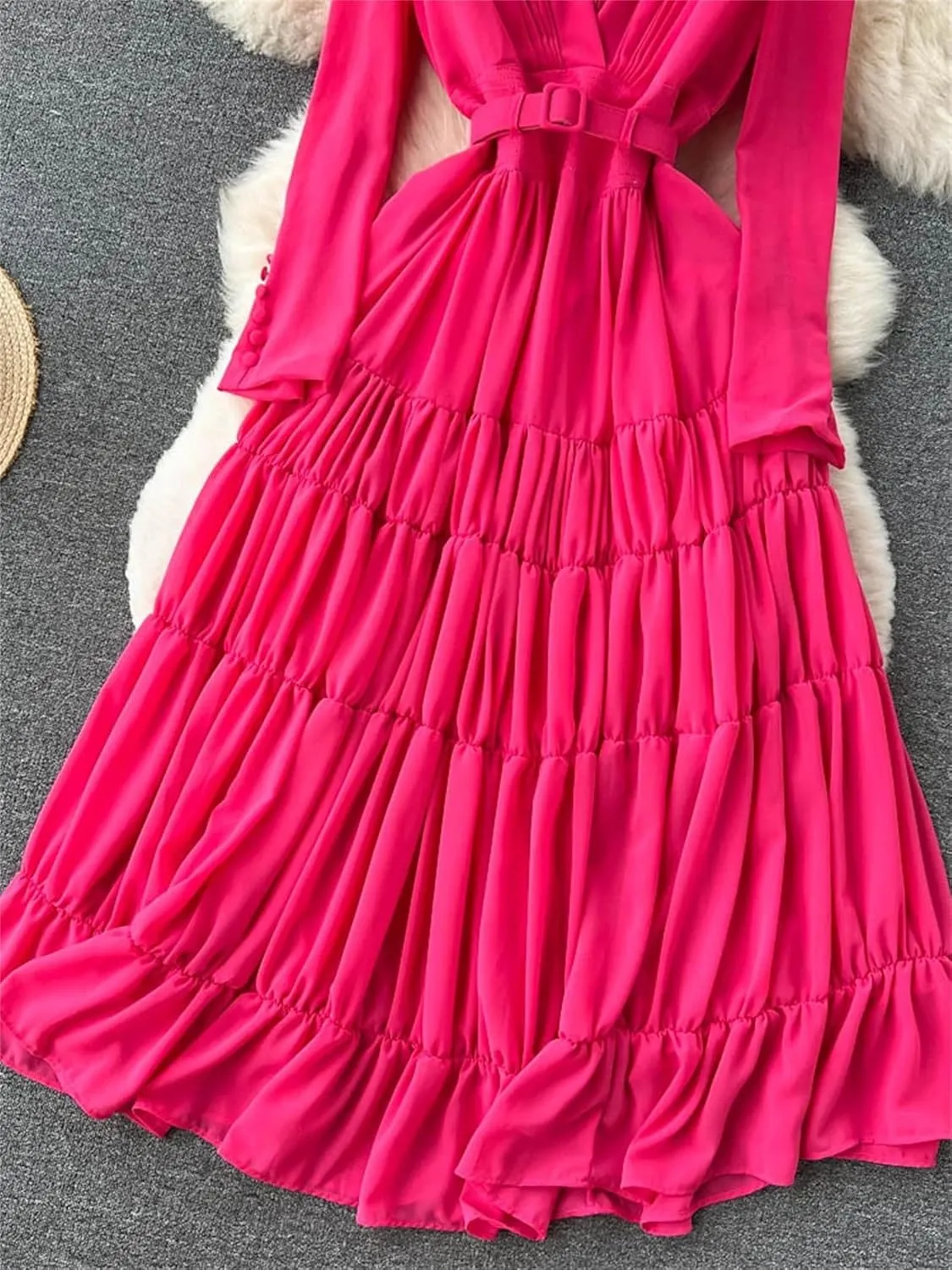 Women Casual Summer Solid Slim Lady Dress A Line V Neck Chiffon Pullover Mid-Calf High Waist Dresses