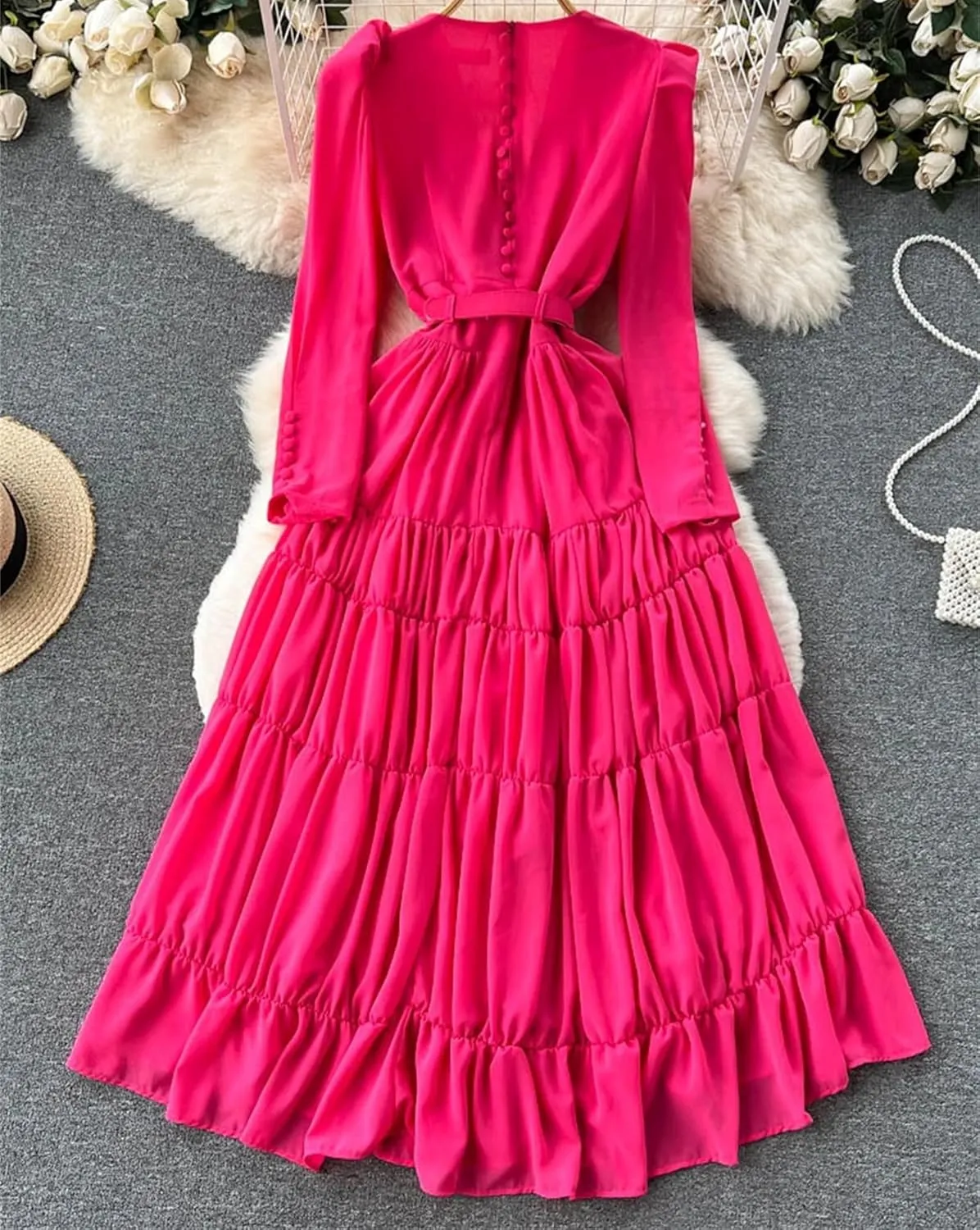 Women Casual Summer Solid Slim Lady Dress A Line V Neck Chiffon Pullover Mid-Calf High Waist Dresses
