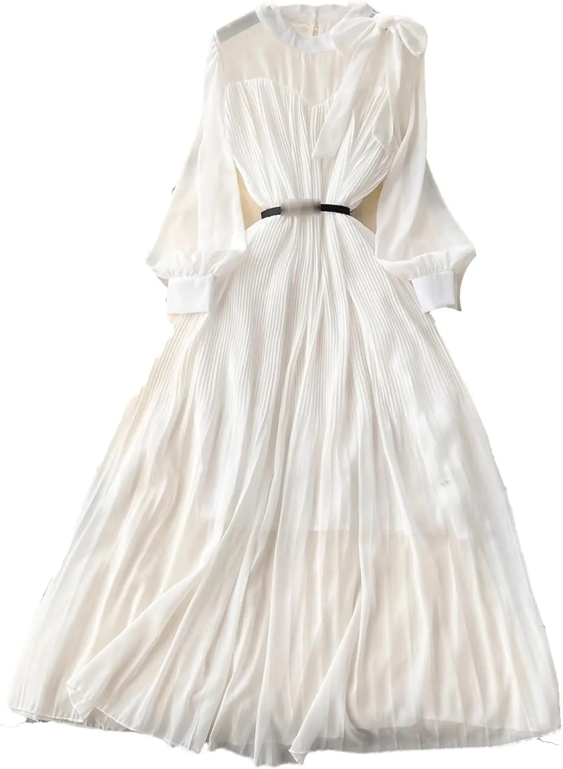 Women Chiffon Long Dress Spring Vintage Elegant Bow Collar High Waist Draped Maxi Female Casual Robe