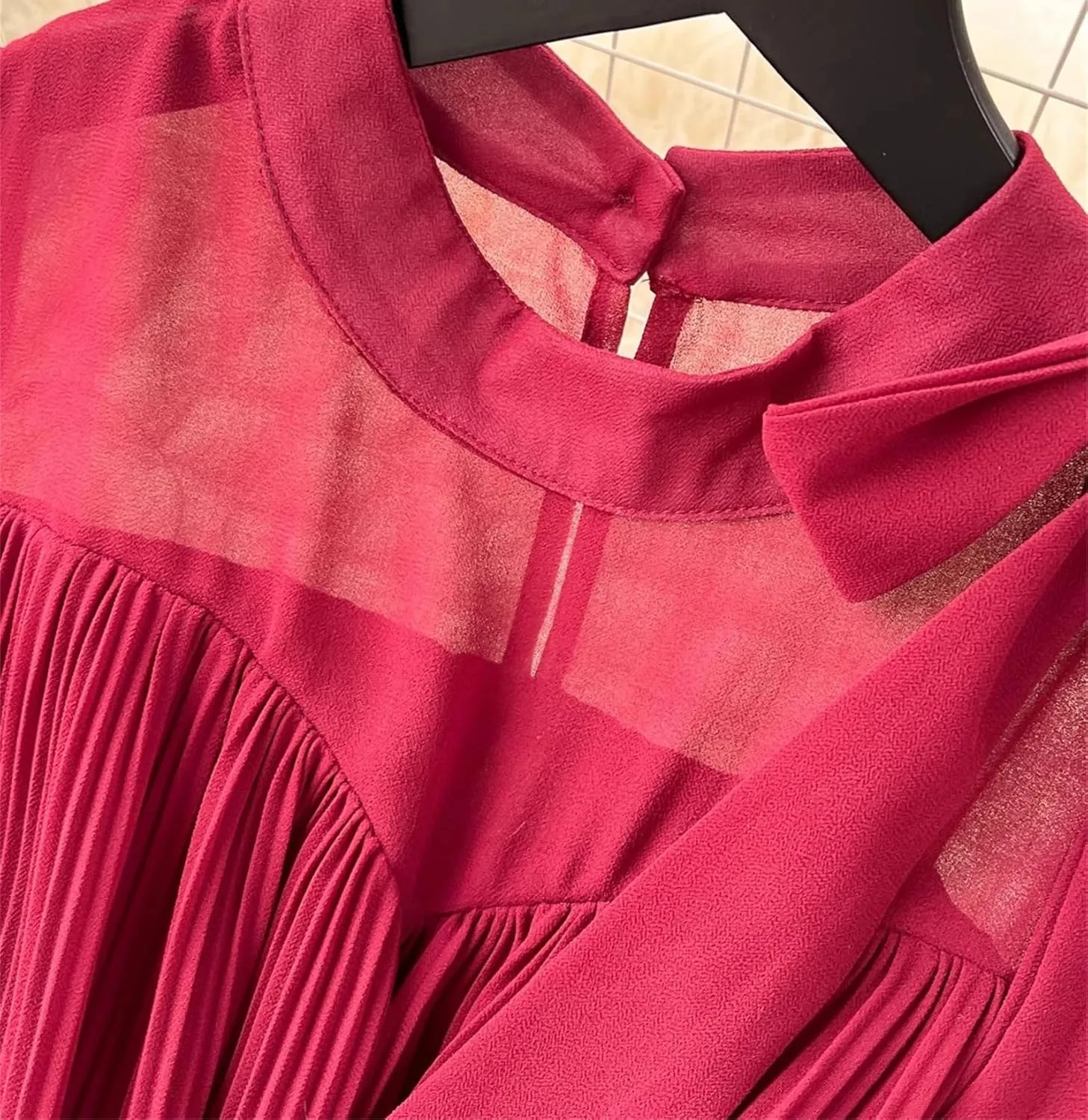 Women Chiffon Long Dress Spring Vintage Elegant Bow Collar High Waist Draped Maxi Female Casual Robe