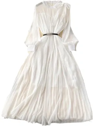 Women Chiffon Long Dress Spring Vintage Elegant Bow Collar High Waist Draped Maxi Female Casual Robe