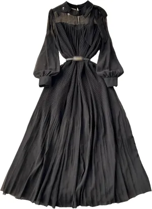 Women Chiffon Long Dress Spring Vintage Elegant Bow Collar High Waist Draped Maxi Female Casual Robe