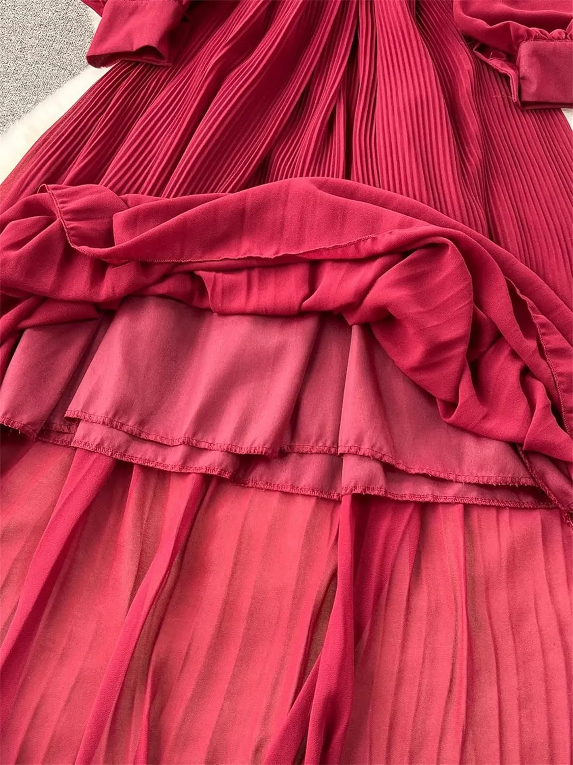 Women Chiffon Long Dress Spring Vintage Elegant Bow Collar High Waist Draped Maxi Female Casual Robe