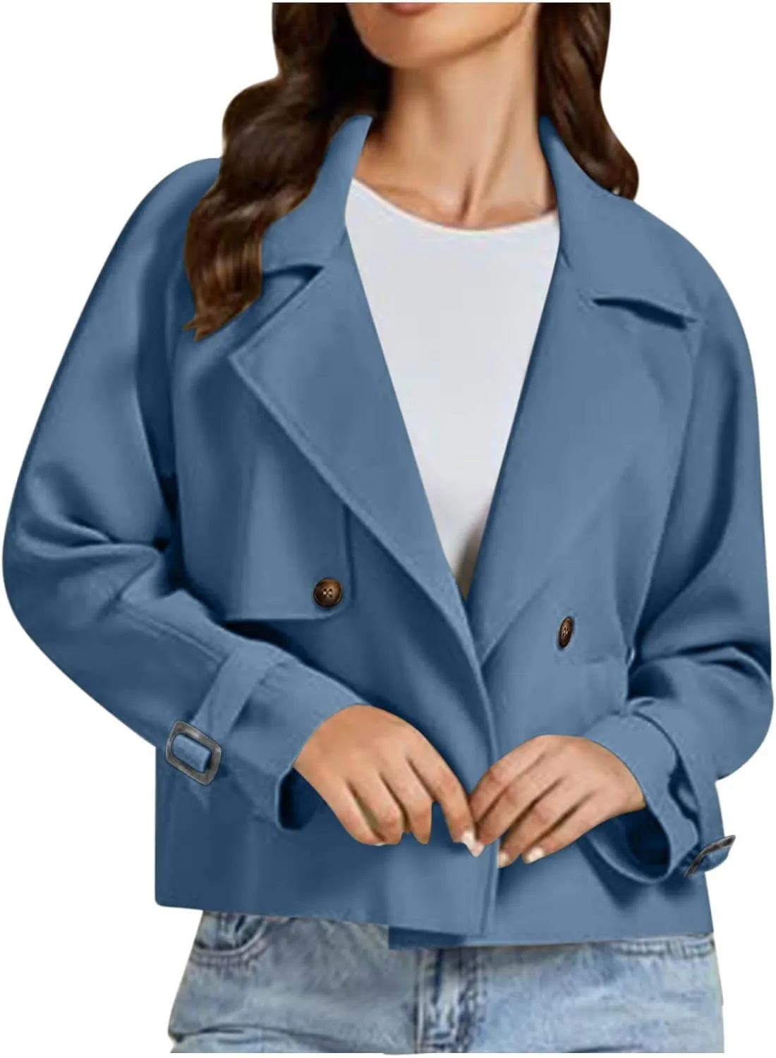 Women Crop Double Breasted Trench Coat Raglan Sleeve Work Office Cropped Jacket With Pockets Fashion Fall Jackets