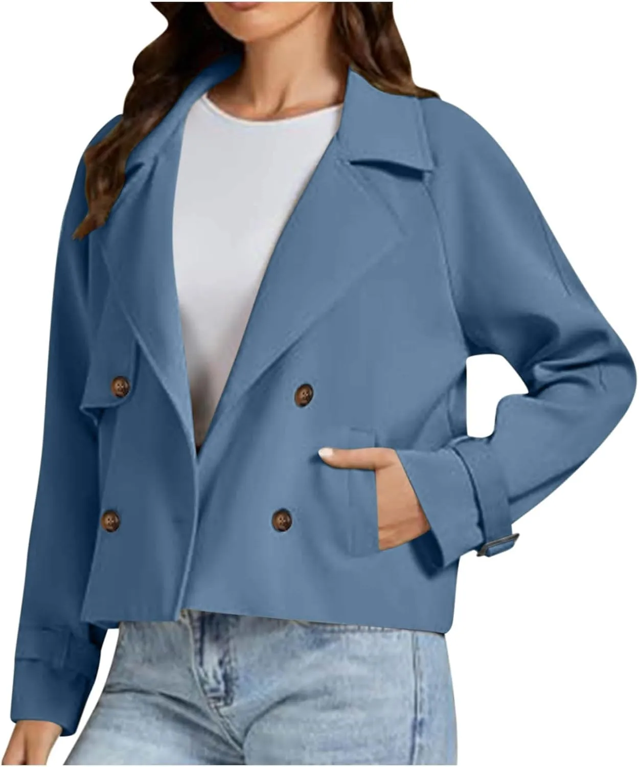 Women Crop Double Breasted Trench Coat Raglan Sleeve Work Office Cropped Jacket With Pockets Fashion Fall Jackets