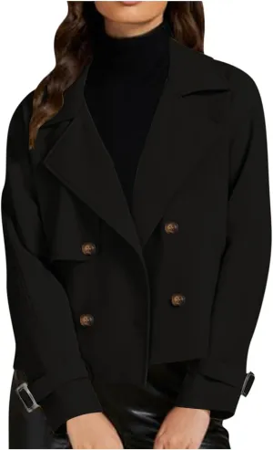 Women Crop Double Breasted Trench Coat Raglan Sleeve Work Office Cropped Jacket With Pockets Fashion Fall Jackets
