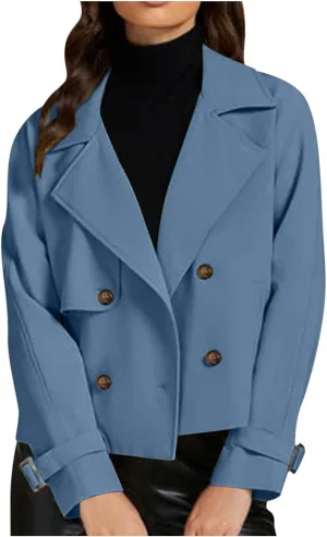 Women Crop Double Breasted Trench Coat Raglan Sleeve Work Office Cropped Jacket With Pockets Fashion Fall Jackets