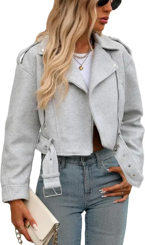 Women Cropped Woolen Coat Bomber Biker Jacket Outwear with Belt