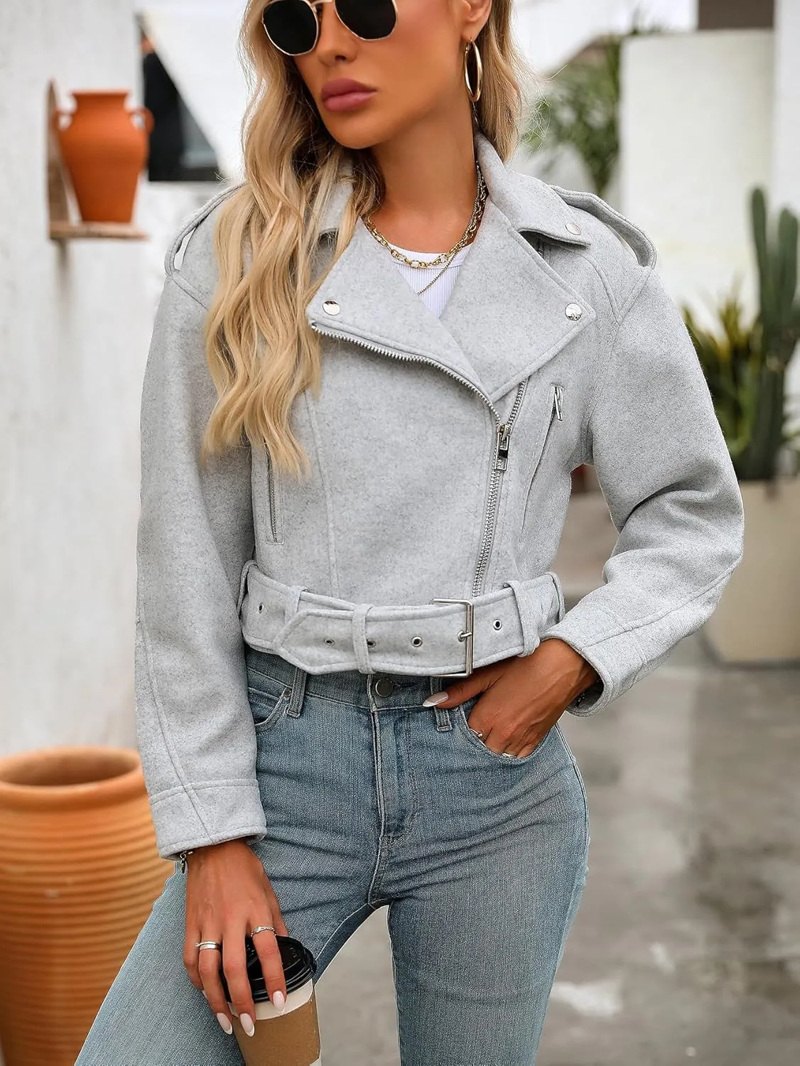 Women Cropped Woolen Coat Bomber Biker Jacket Outwear with Belt