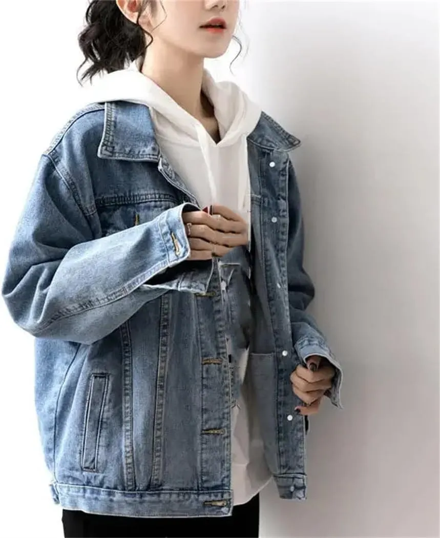 Women Denim Jacket Winter Oversize Jean Jacket Long Sleeve Turn-Down Collar Female Loose Korean Outerwear
