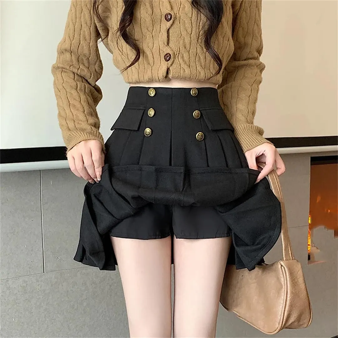Women Double Breasted High Waist School Skirts A-Line Pleated Mini Workout Skirt