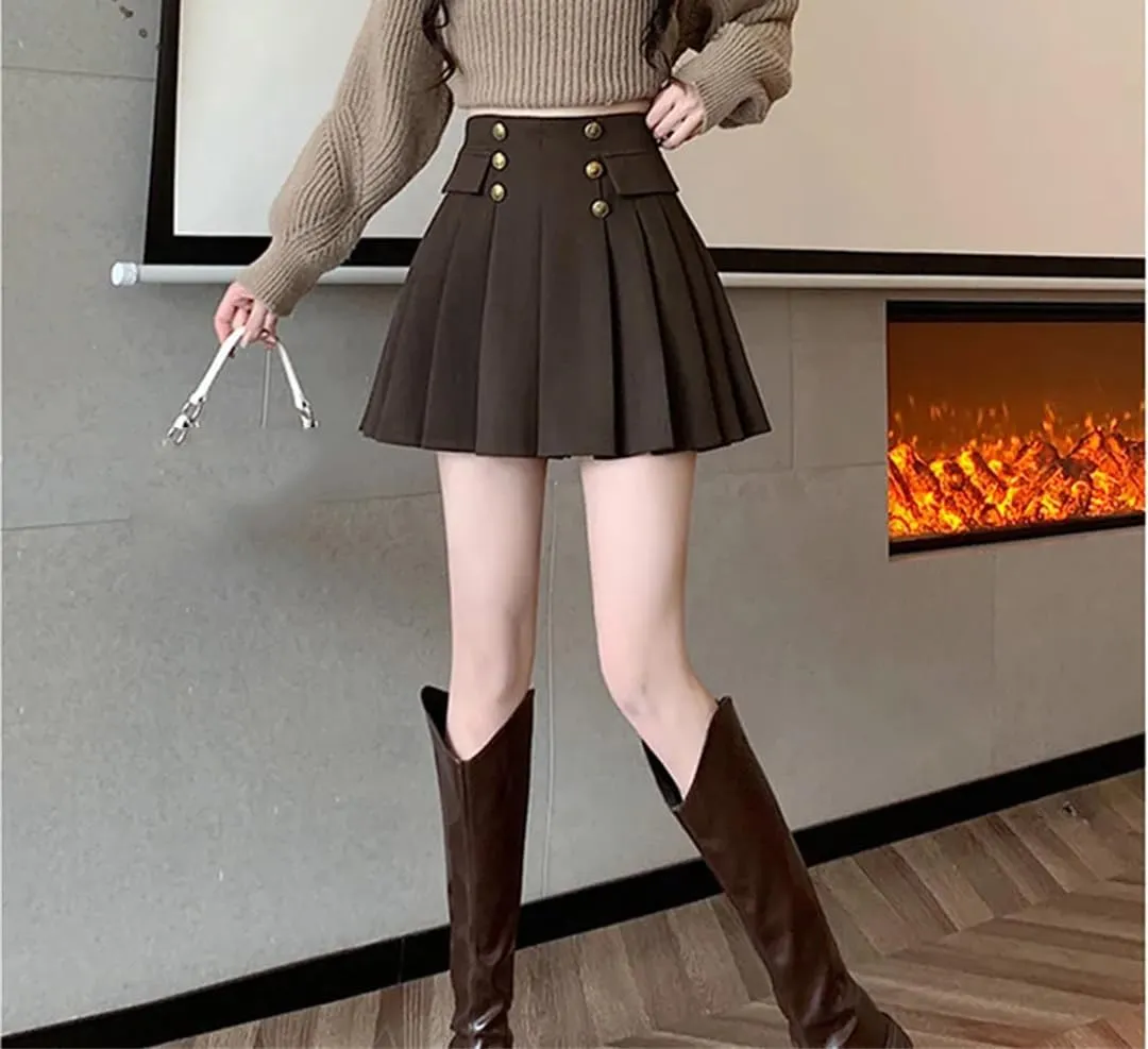 Women Double Breasted High Waist School Skirts A-Line Pleated Mini Workout Skirt