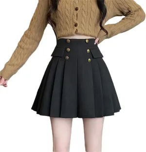 Women Double Breasted High Waist School Skirts A-Line Pleated Mini Workout Skirt