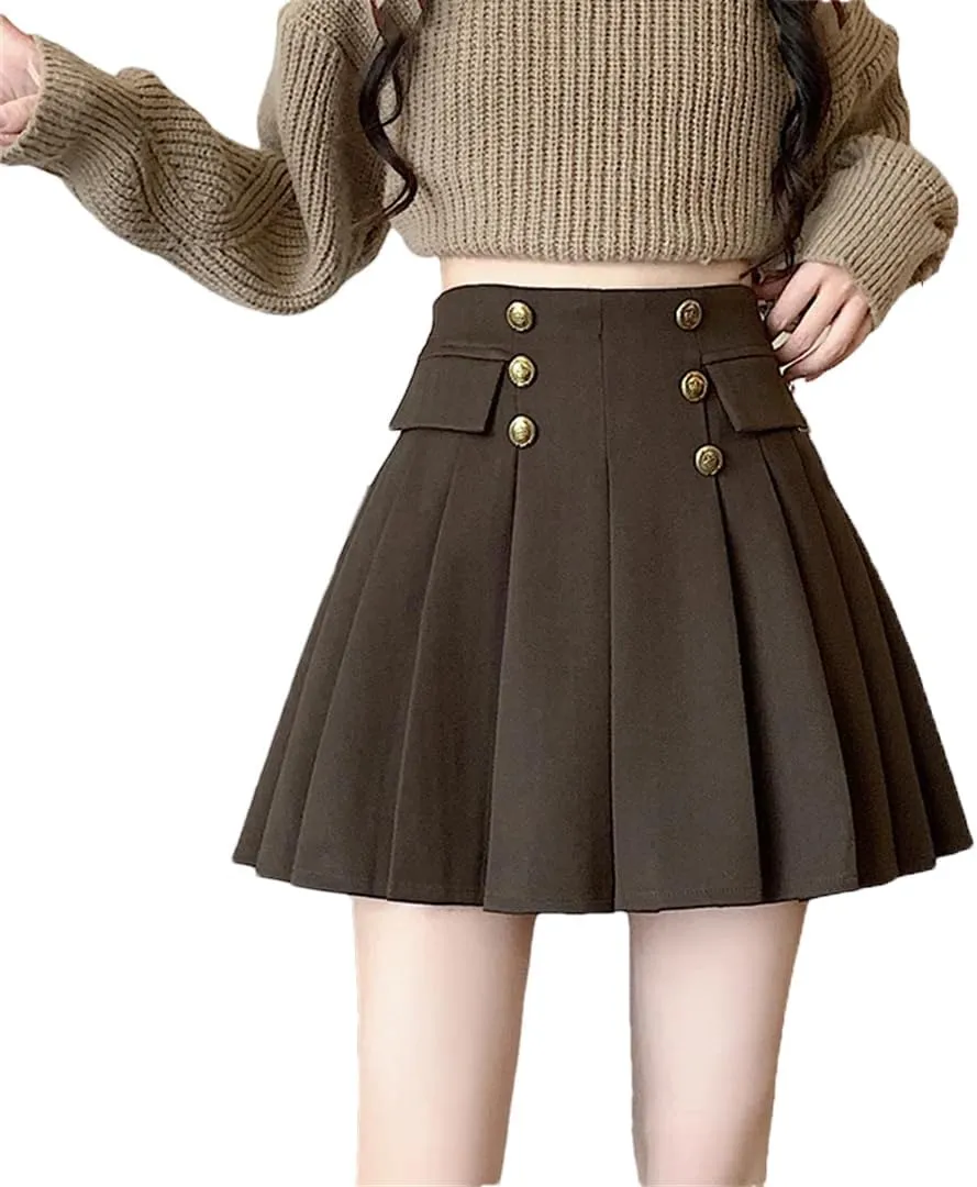 Women Double Breasted High Waist School Skirts A-Line Pleated Mini Workout Skirt