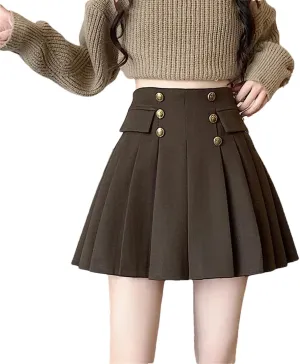 Women Double Breasted High Waist School Skirts A-Line Pleated Mini Workout Skirt