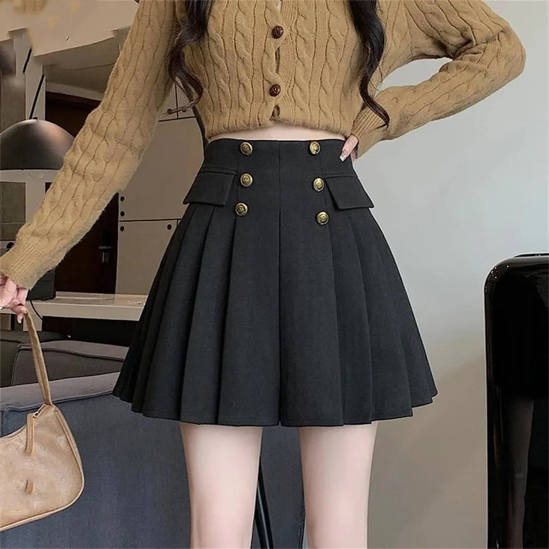 Women Double Breasted High Waist School Skirts A-Line Pleated Mini Workout Skirt