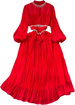 Women Dress Bodycon Tassel Elegant Evening Party Dresses Long Sleeve O-Neck Dresses