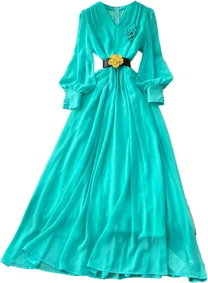 Women Elegant Floral Sashes Dress Long Sleeve V-Neck Women French Fashion Summer Dress