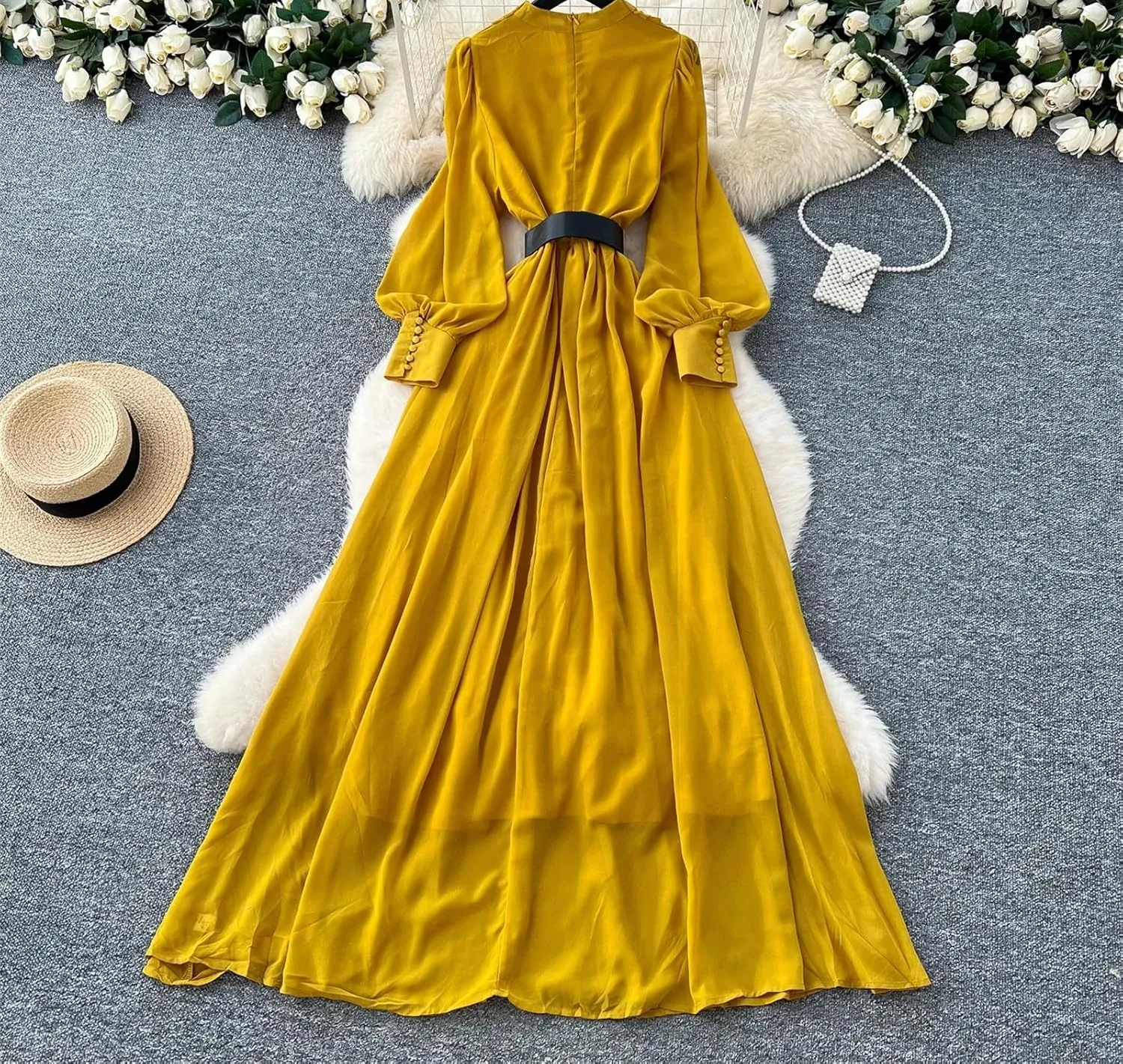 Women Elegant Floral Sashes Dress Long Sleeve V-Neck Women French Fashion Summer Dress