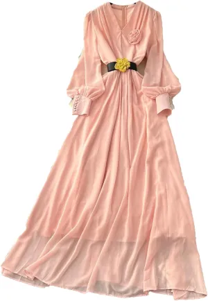 Women Elegant Floral Sashes Dress Long Sleeve V-Neck Women French Fashion Summer Dress