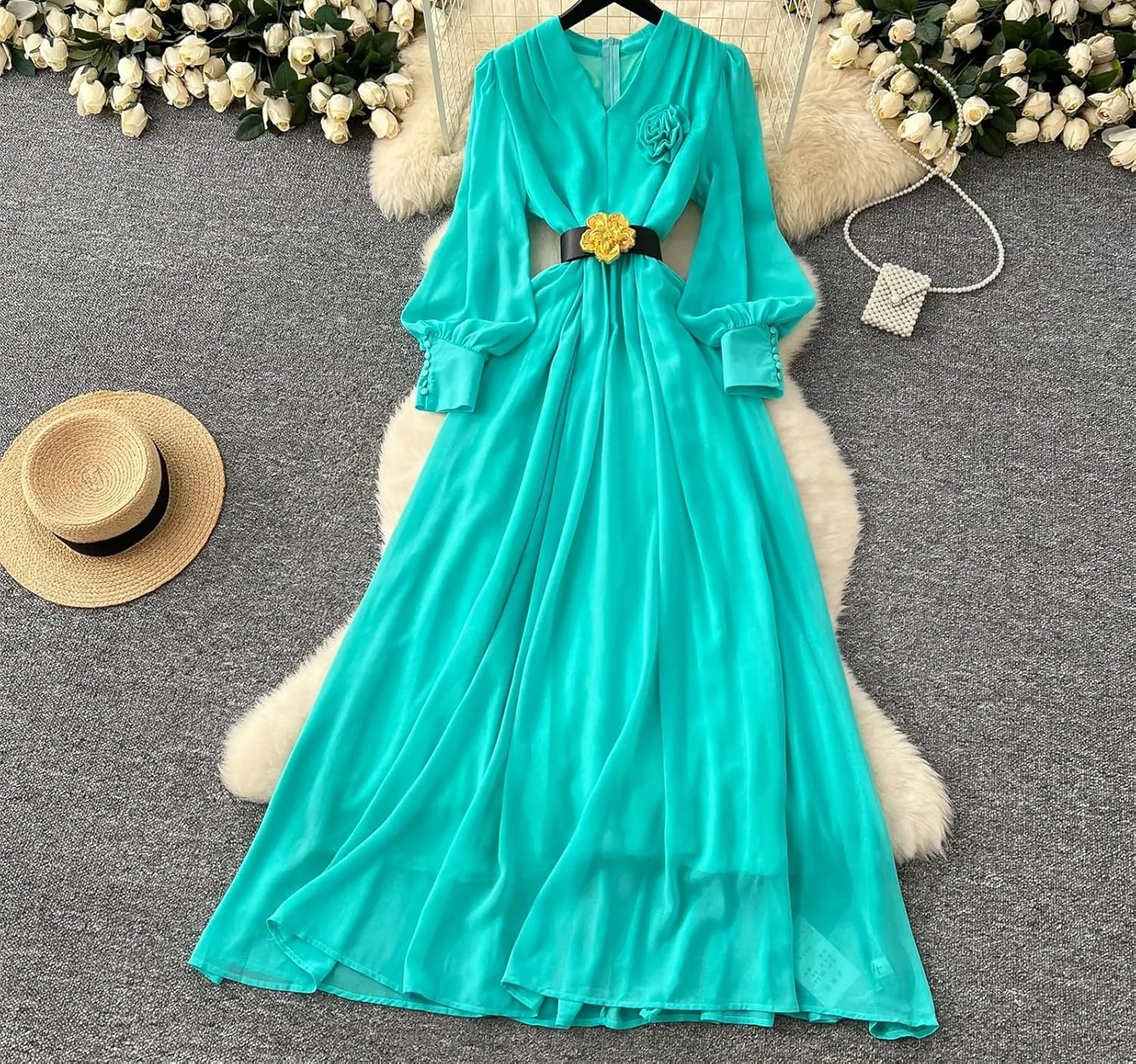 Women Elegant Floral Sashes Dress Long Sleeve V-Neck Women French Fashion Summer Dress