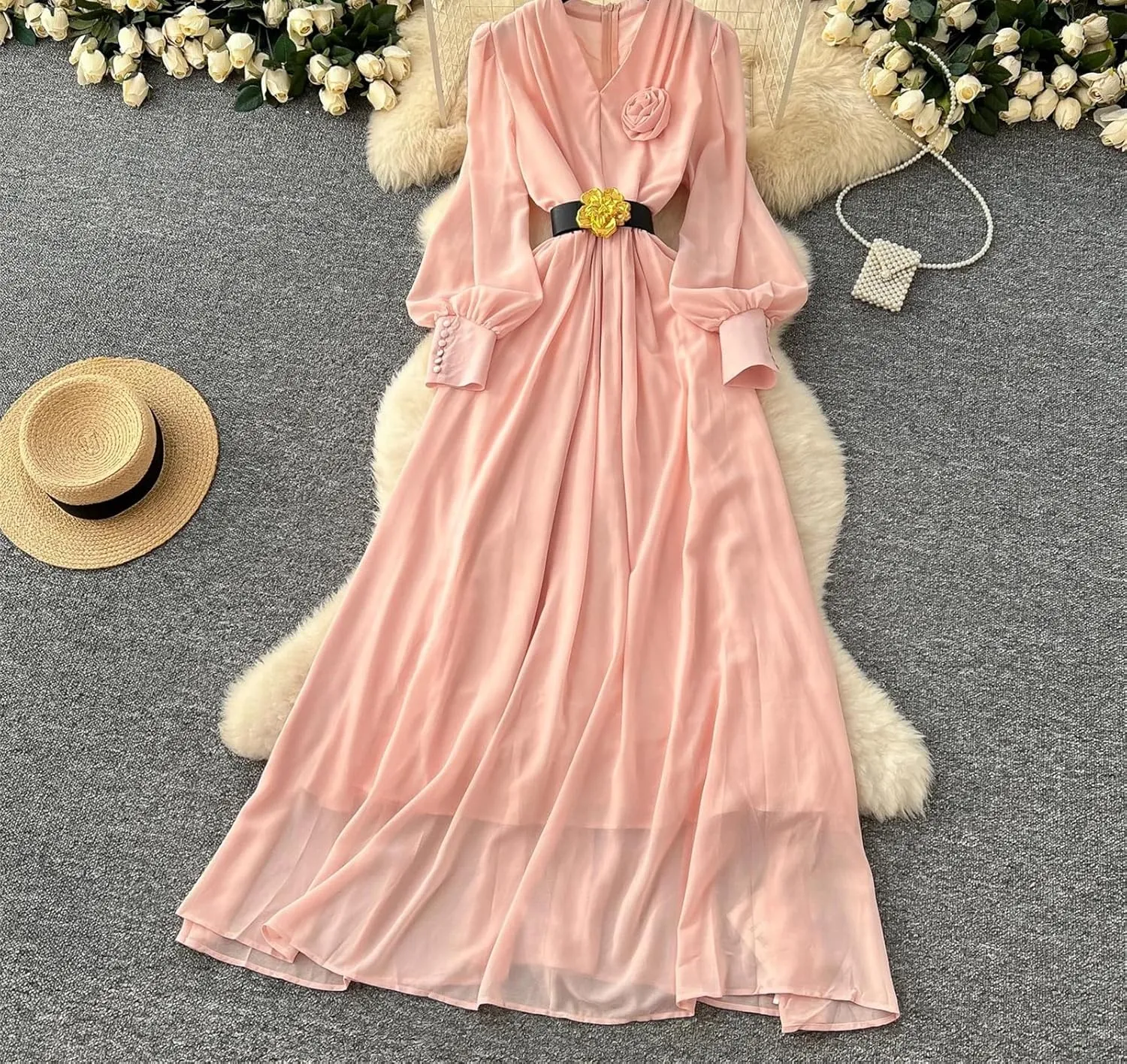 Women Elegant Floral Sashes Dress Long Sleeve V-Neck Women French Fashion Summer Dress