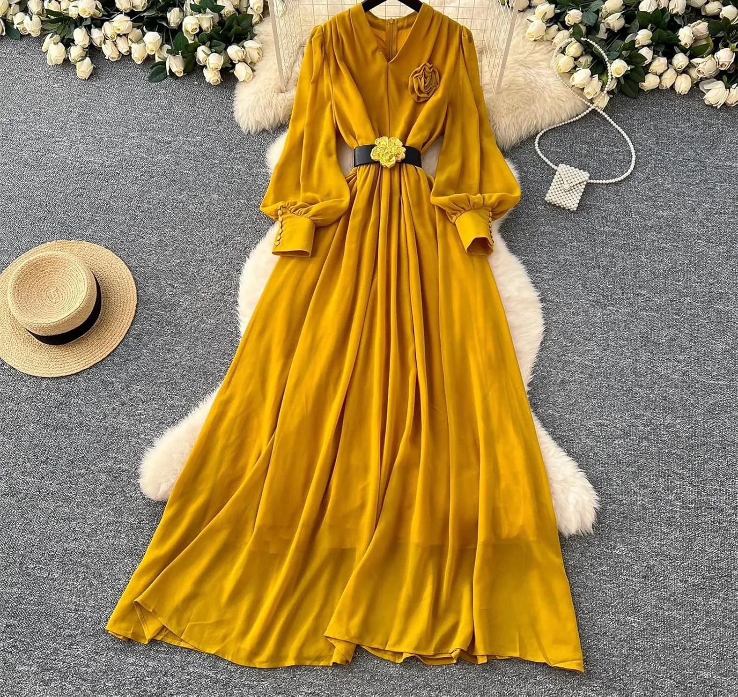 Women Elegant Floral Sashes Dress Long Sleeve V-Neck Women French Fashion Summer Dress