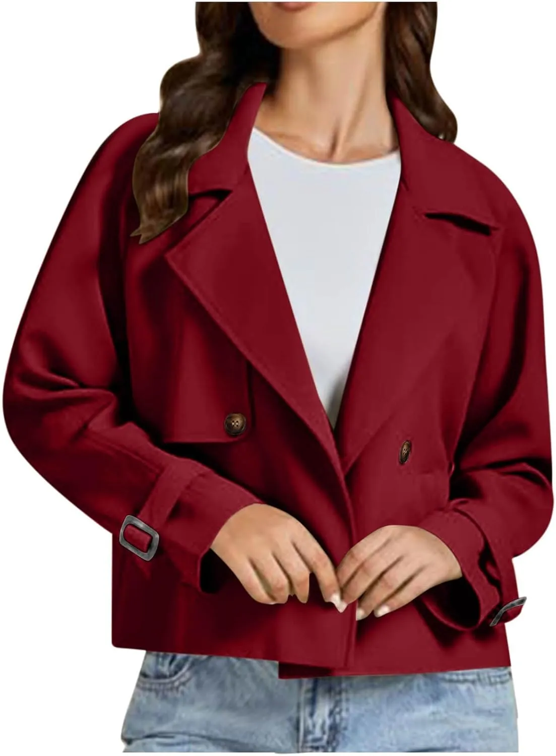 Women Fall Trench Coats Double Breasted Cropped Jackets Fashion Notch Lapel Coats Casual Solid Color Outerwear Tops