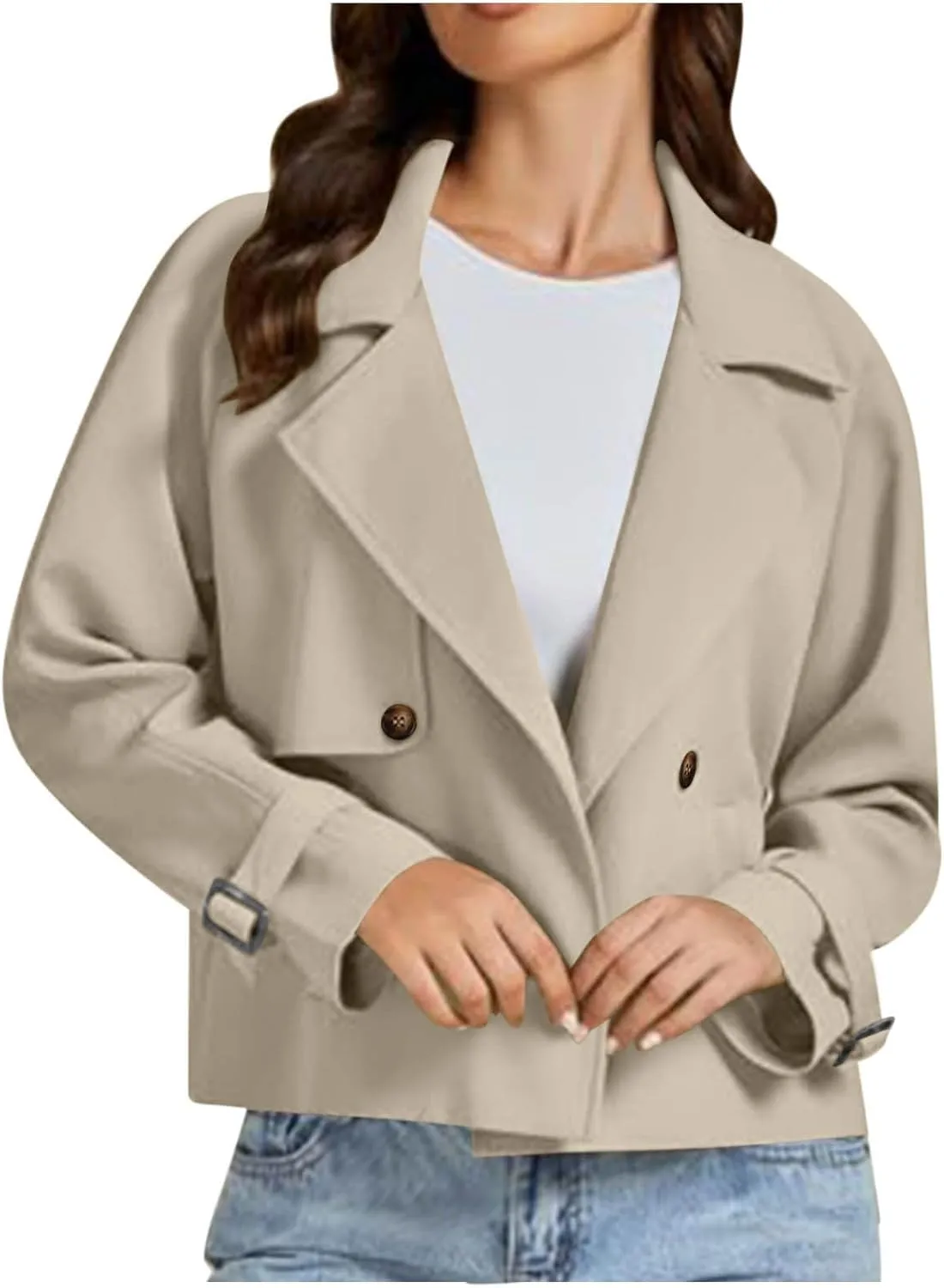 Women Fall Trench Coats Double Breasted Cropped Jackets Fashion Notch Lapel Coats Casual Solid Color Outerwear Tops