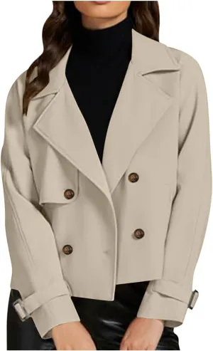 Women Fall Trench Coats Double Breasted Cropped Jackets Fashion Notch Lapel Coats Casual Solid Color Outerwear Tops