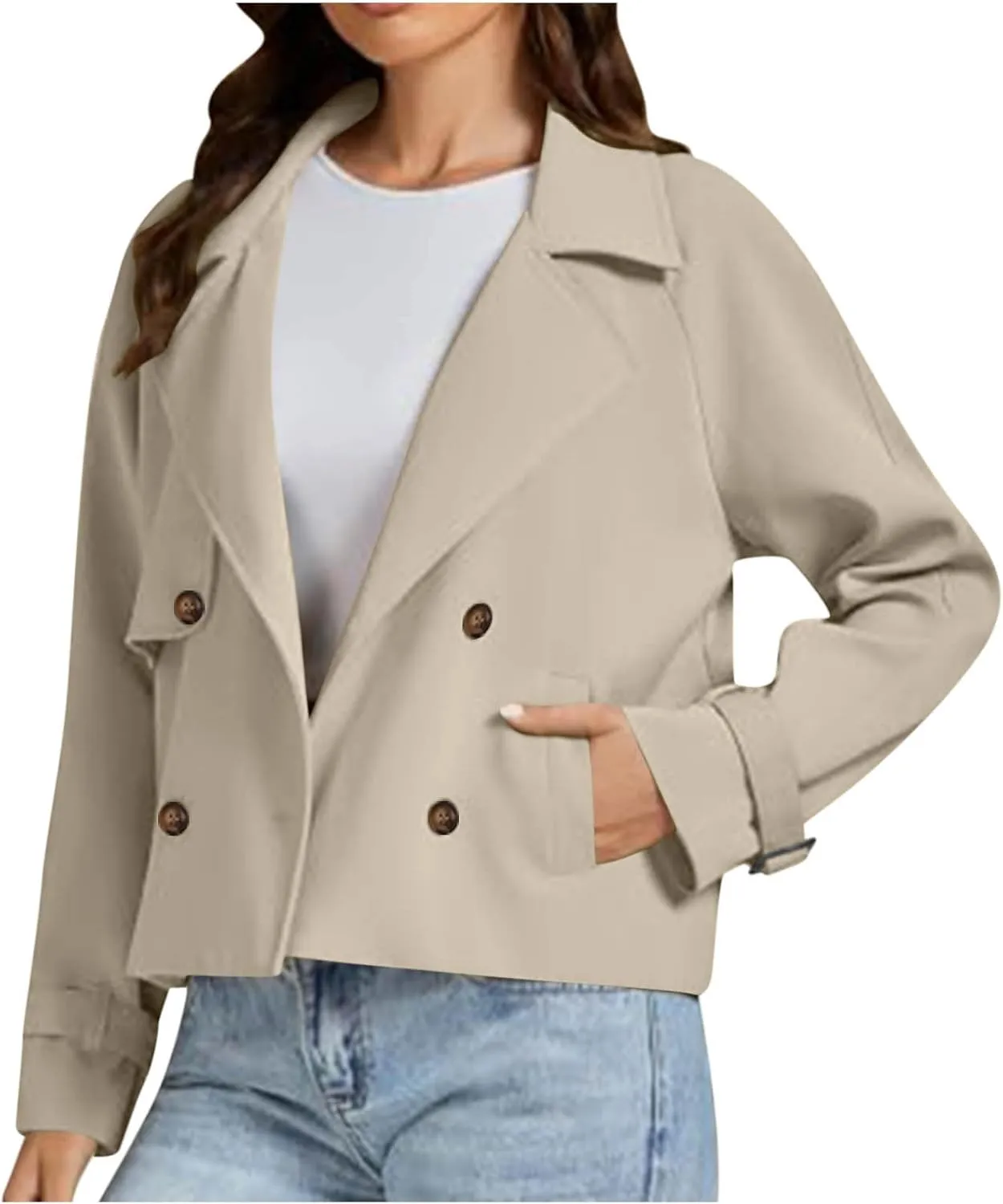 Women Fall Trench Coats Double Breasted Cropped Jackets Fashion Notch Lapel Coats Casual Solid Color Outerwear Tops