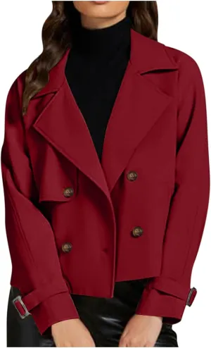 Women Fall Trench Coats Double Breasted Cropped Jackets Fashion Notch Lapel Coats Casual Solid Color Outerwear Tops