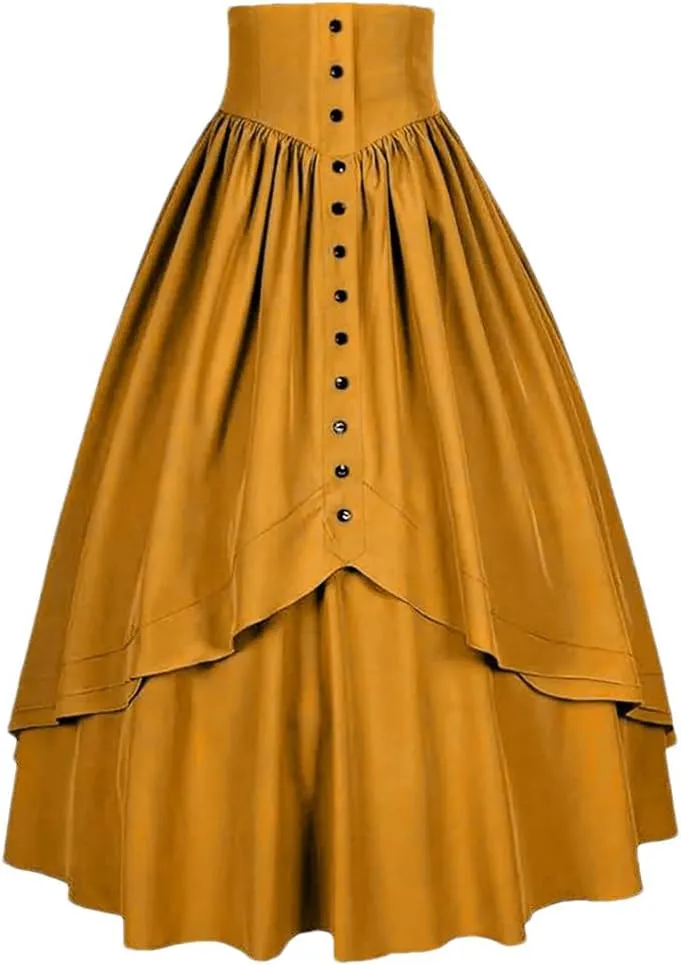 Women Fashion Skirt with Pockets Vintage High Waist Pleated Loose Hem Female Front Button Skirt