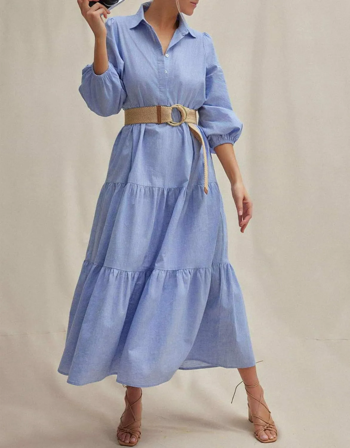 Women Flowy Maxi Shirt Dress Casual Button Down V Neck Ruffled Beach Long Dresses with Pockets