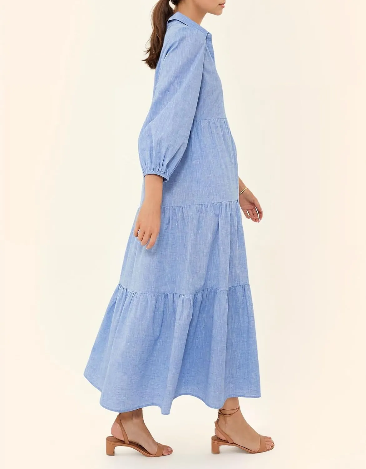 Women Flowy Maxi Shirt Dress Casual Button Down V Neck Ruffled Beach Long Dresses with Pockets
