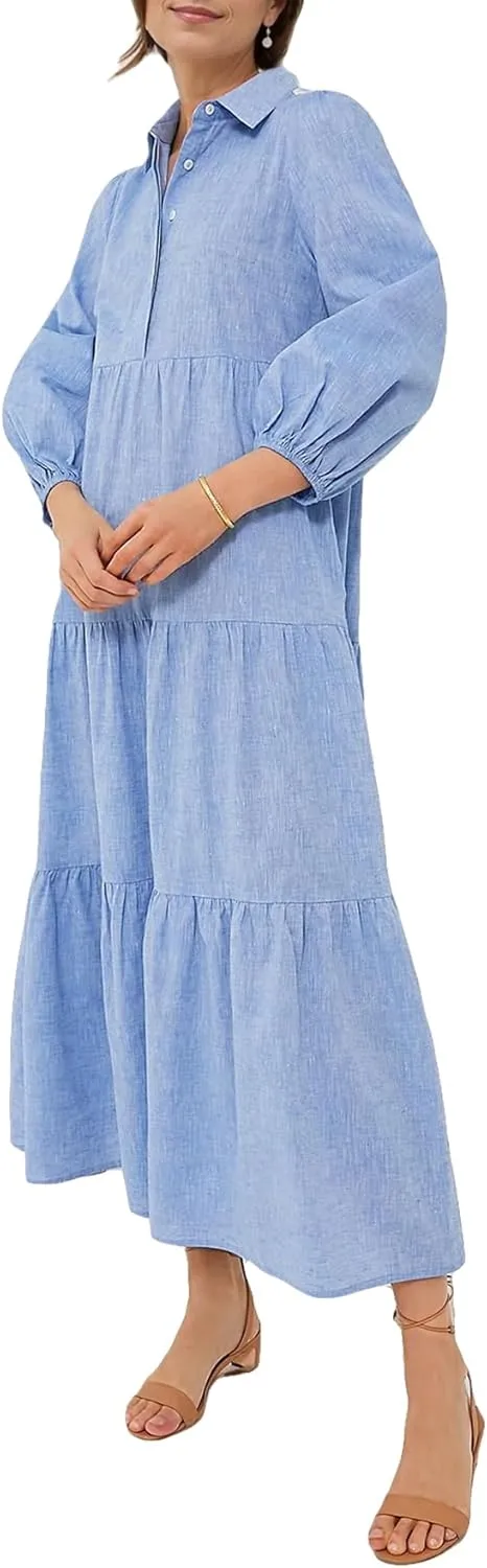 Women Flowy Maxi Shirt Dress Casual Button Down V Neck Ruffled Beach Long Dresses with Pockets