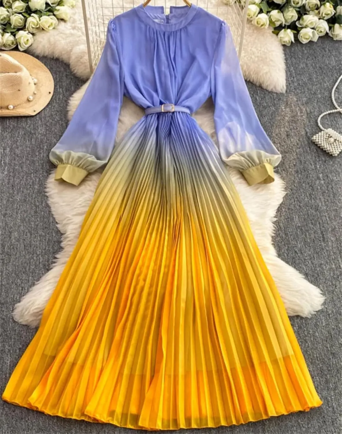 Women Gradient Color Dresses Pullover Lantern Sleeves Pleated Belt Loose Summer Long Dress