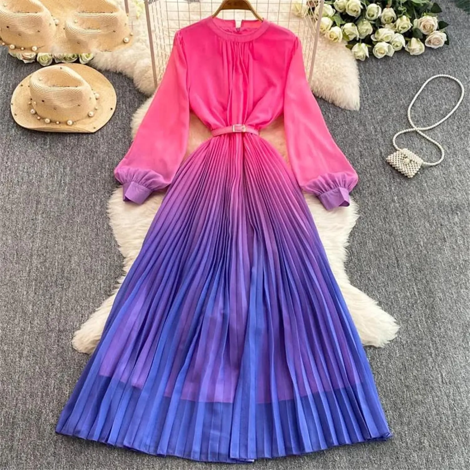 Women Gradient Color Dresses Pullover Lantern Sleeves Pleated Belt Loose Summer Long Dress
