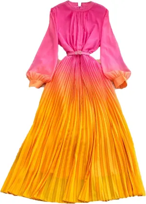 Women Gradient Color Dresses Pullover Lantern Sleeves Pleated Belt Loose Summer Long Dress