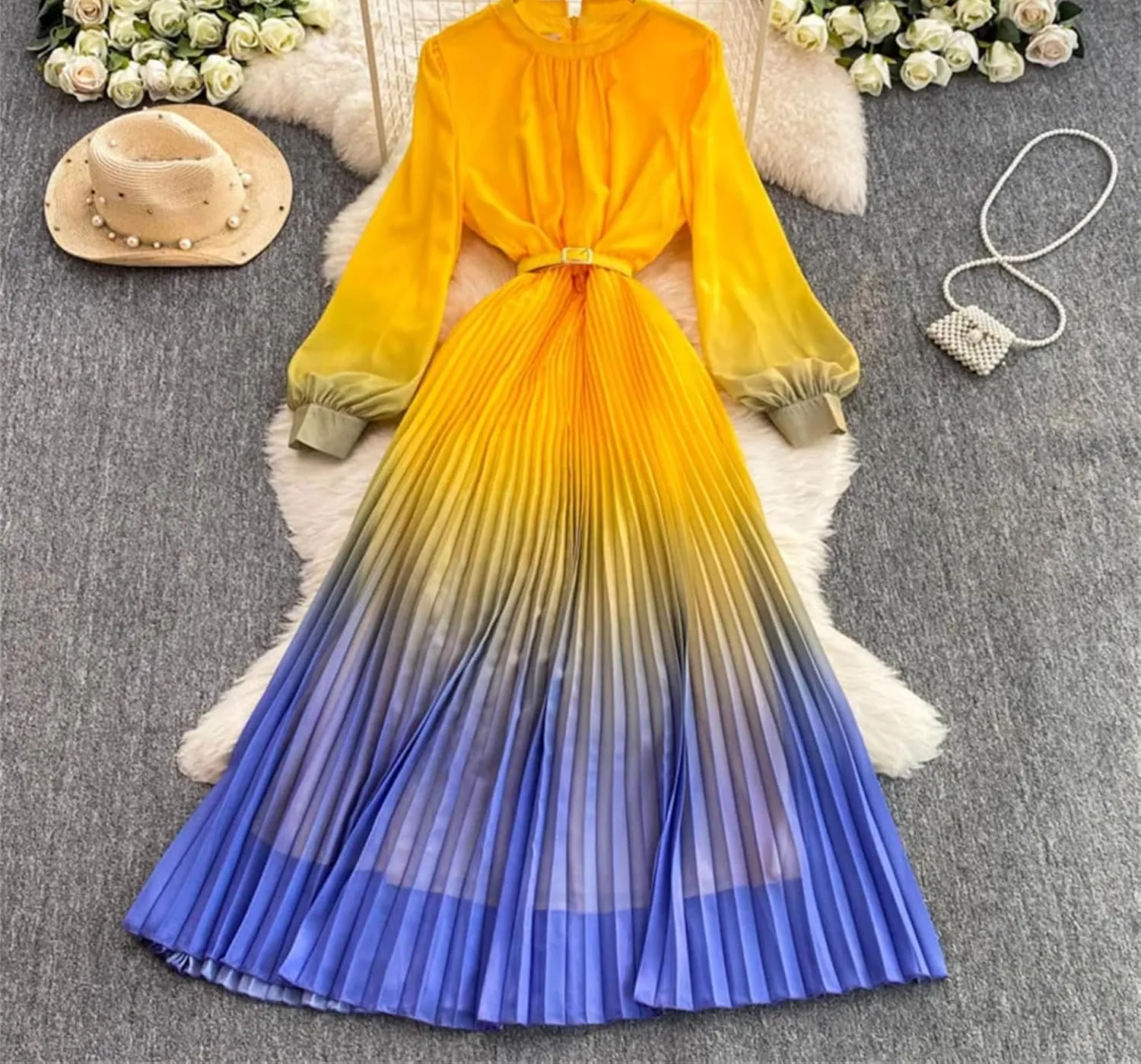 Women Gradient Color Dresses Pullover Lantern Sleeves Pleated Belt Loose Summer Long Dress