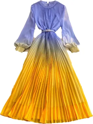 Women Gradient Color Dresses Pullover Lantern Sleeves Pleated Belt Loose Summer Long Dress