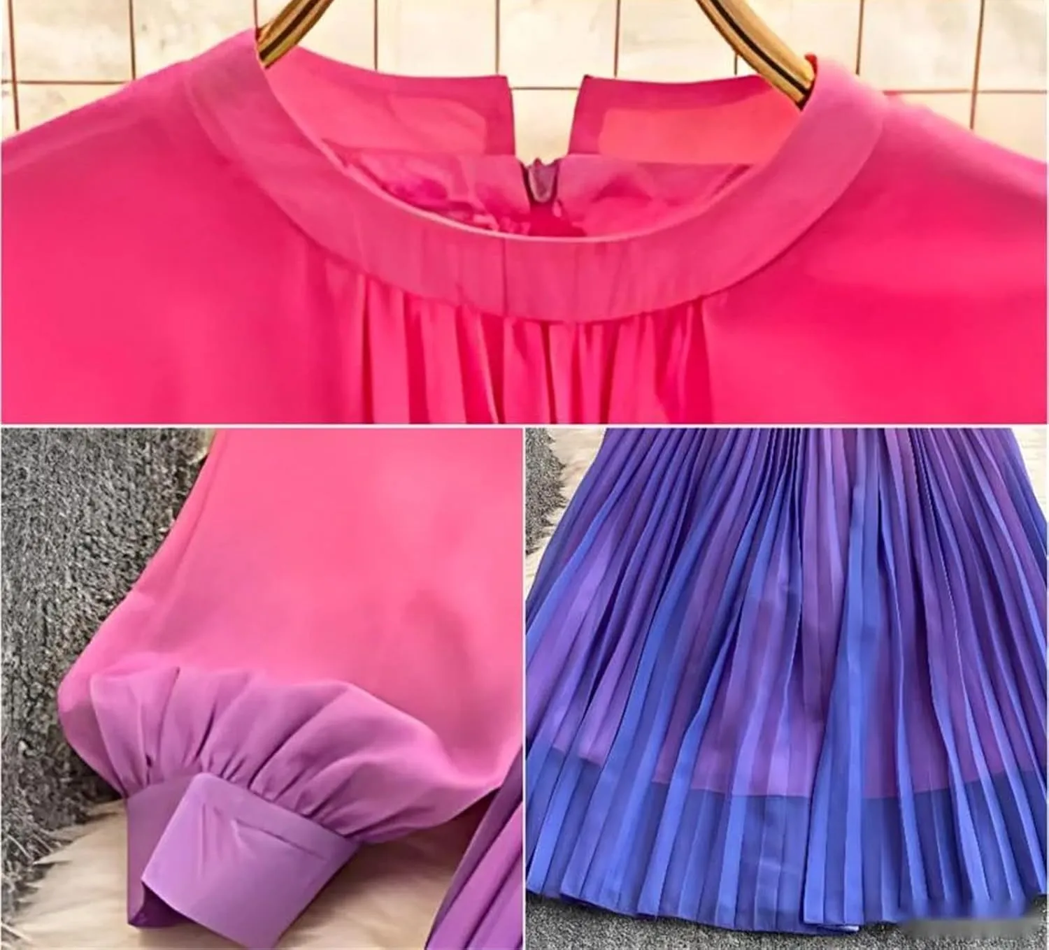 Women Gradient Color Dresses Pullover Lantern Sleeves Pleated Belt Loose Summer Long Dress