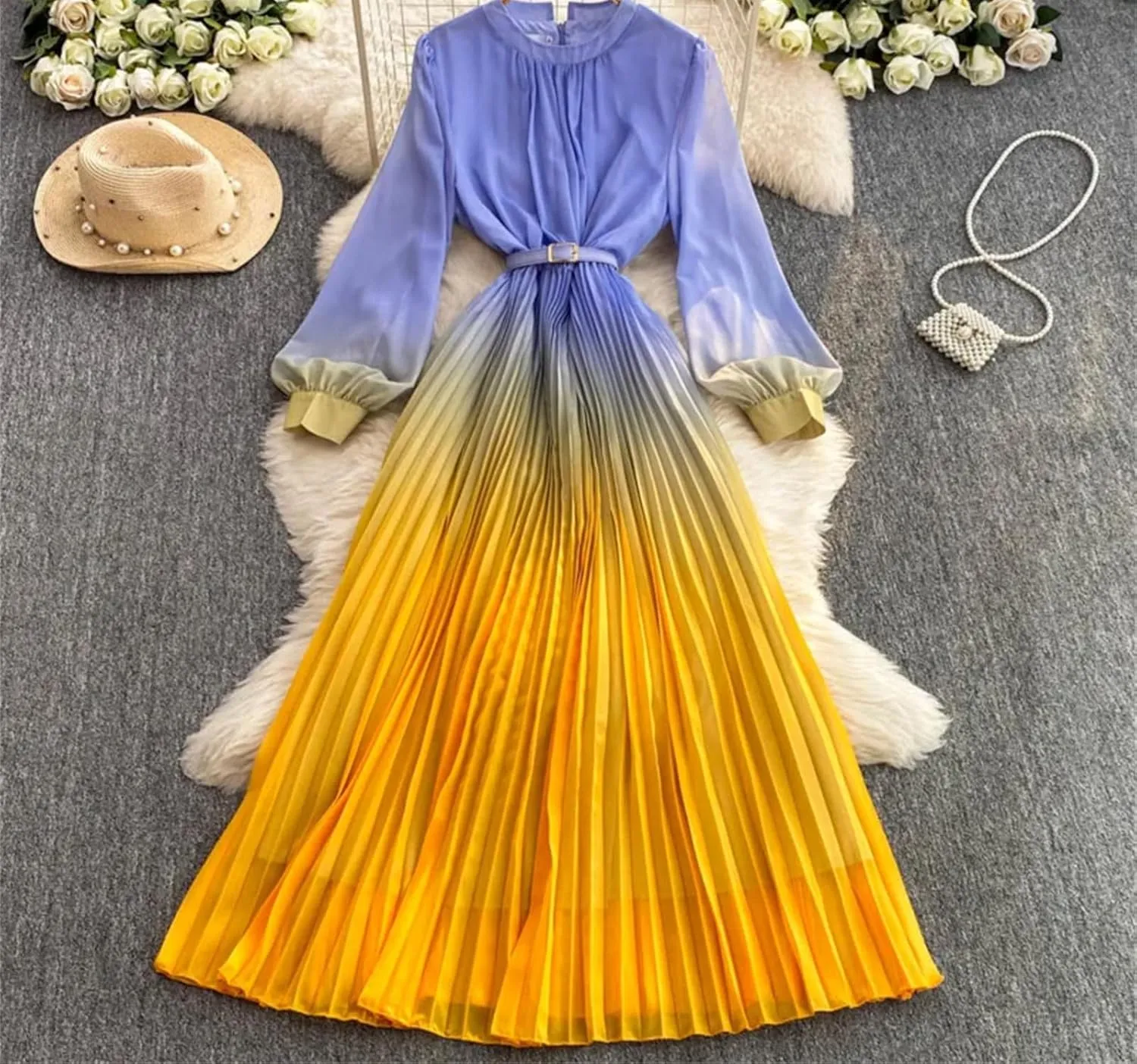 Women Gradient Color Dresses Pullover Lantern Sleeves Pleated Belt Loose Summer Long Dress