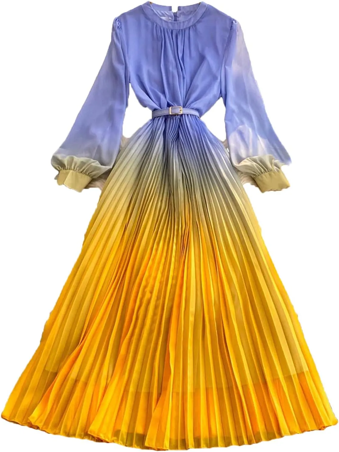 Women Gradient Color Dresses Pullover Lantern Sleeves Pleated Belt Loose Summer Long Dress