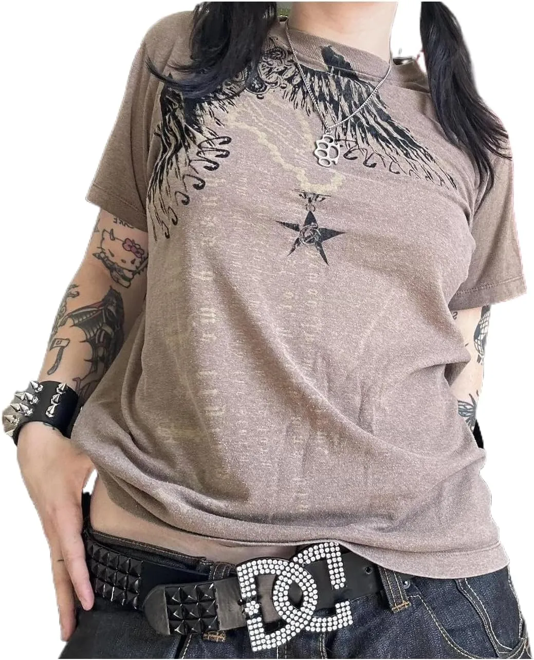 Women Graphic Grunge Shirts Loose Fit Gothic Punk Tees Y2k Emo Clothes Teen Girls Baggy T Shirts 2000s Vintage Tops