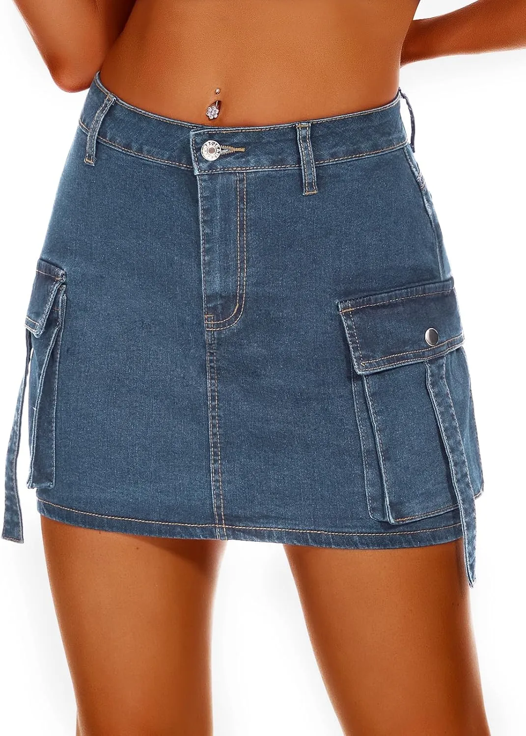 Women High Waisted Denim Mini Y2K Casual Jean Cargo Skirt with Flap Pockets