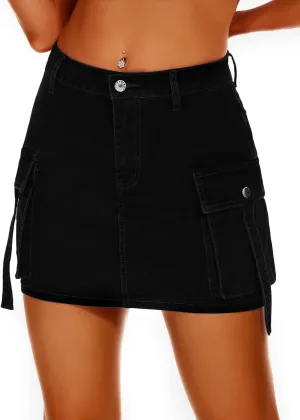 Women High Waisted Denim Mini Y2K Casual Jean Cargo Skirt with Flap Pockets