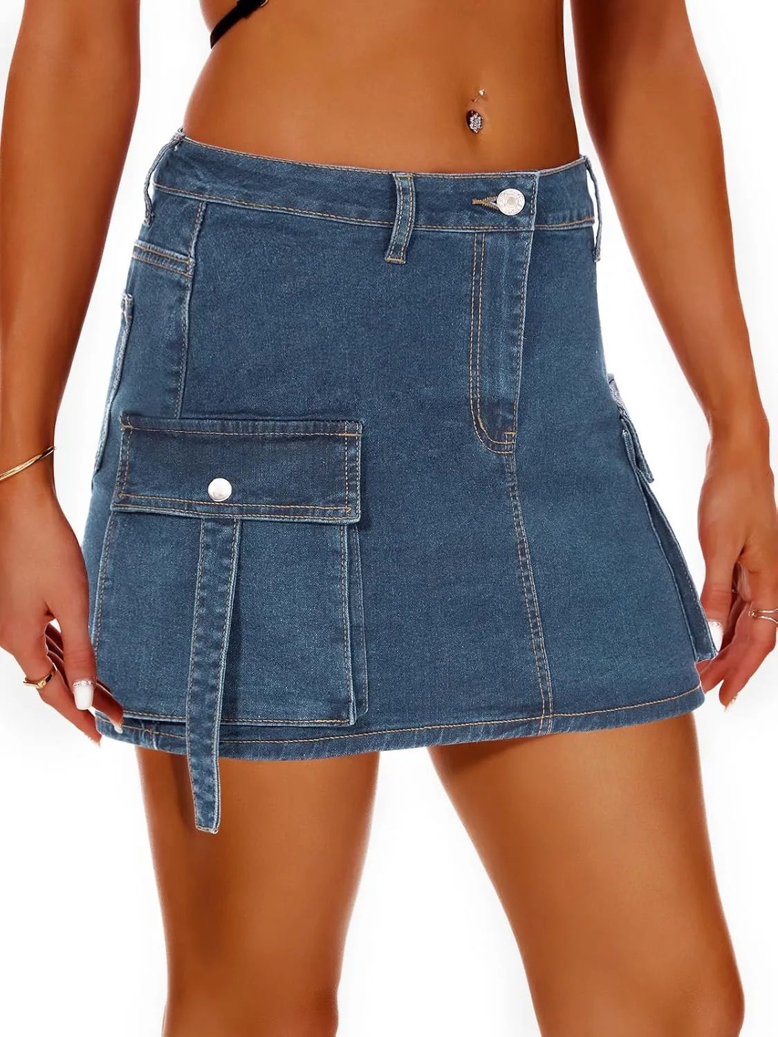 Women High Waisted Denim Mini Y2K Casual Jean Cargo Skirt with Flap Pockets