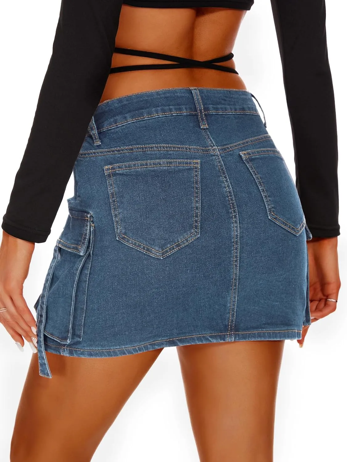 Women High Waisted Denim Mini Y2K Casual Jean Cargo Skirt with Flap Pockets